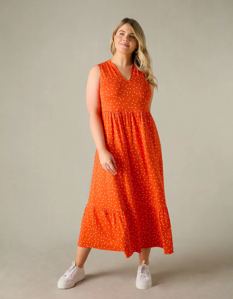 Red Spot Jersey Sleeveless Midi Dress