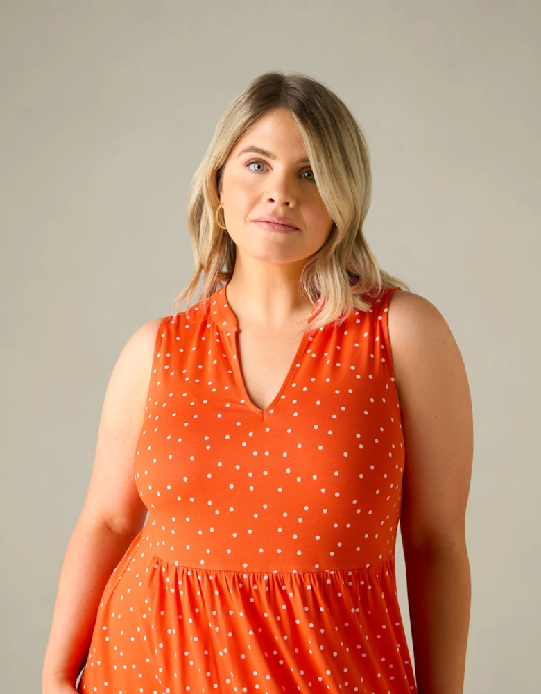 Red Spot Jersey Sleeveless Midi Dress