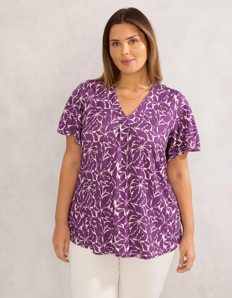 Purple Leaf Jersey Pleat Front Flutter Sleeve Top