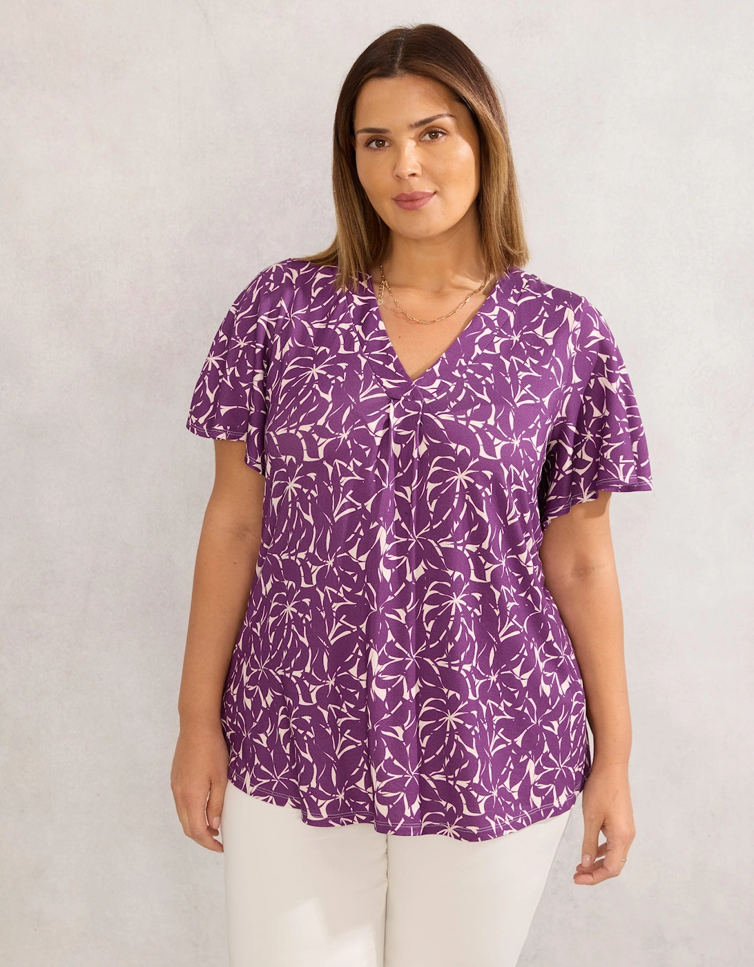 Purple Leaf Jersey Pleat Front Flutter Sleeve Top, 4 of 3