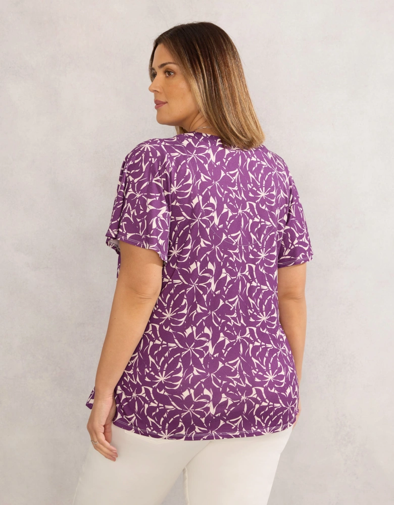 Purple Leaf Jersey Pleat Front Flutter Sleeve Top