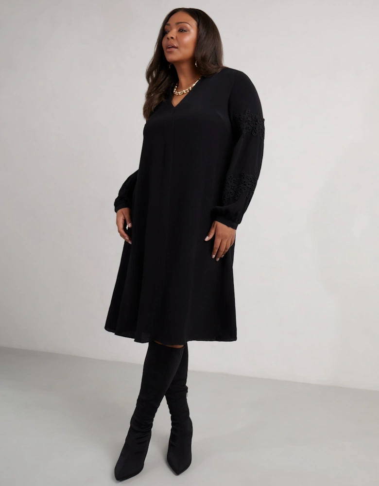 Petite Black Lace Detail Long Sleeve Dress