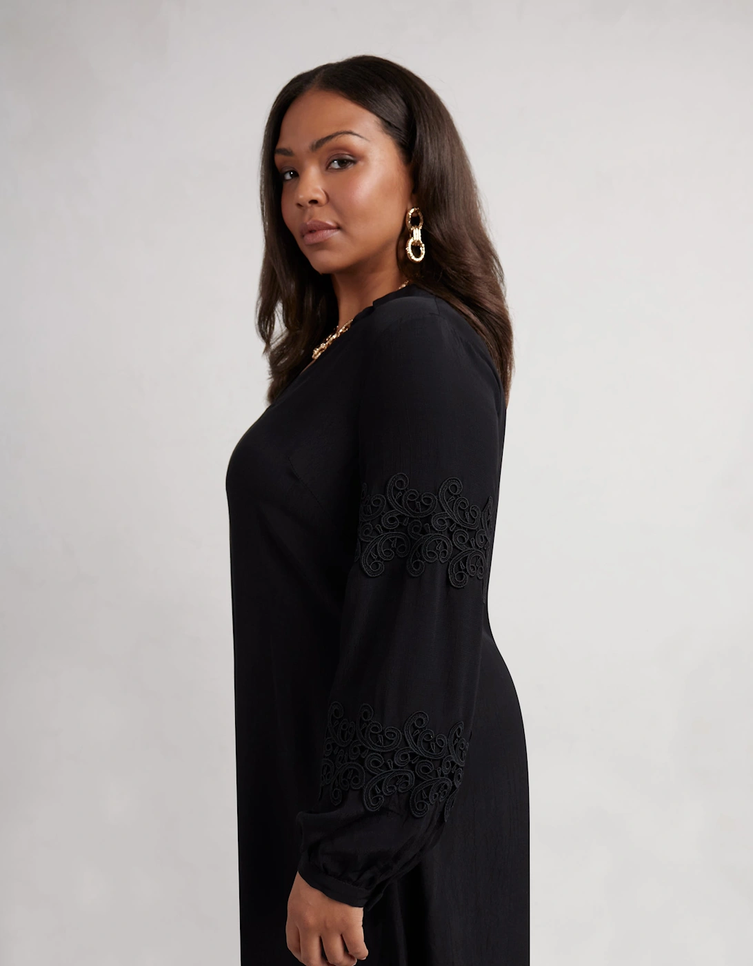 Petite Black Lace Detail Long Sleeve Dress