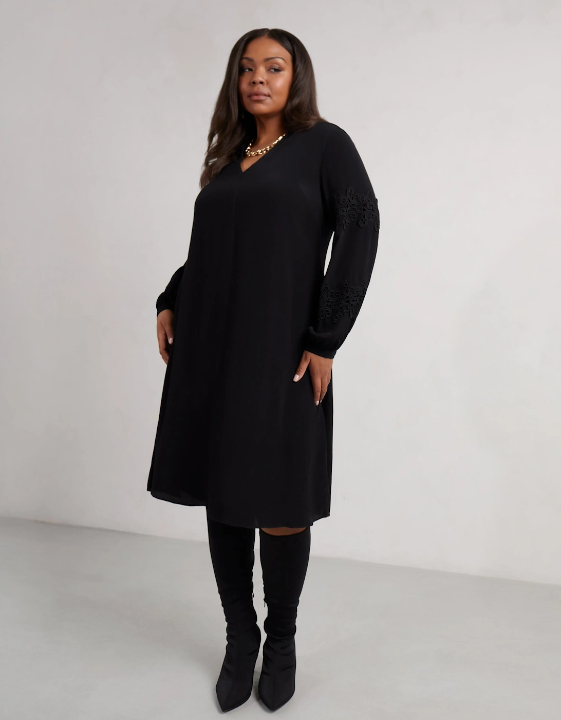 Petite Black Lace Detail Long Sleeve Dress
