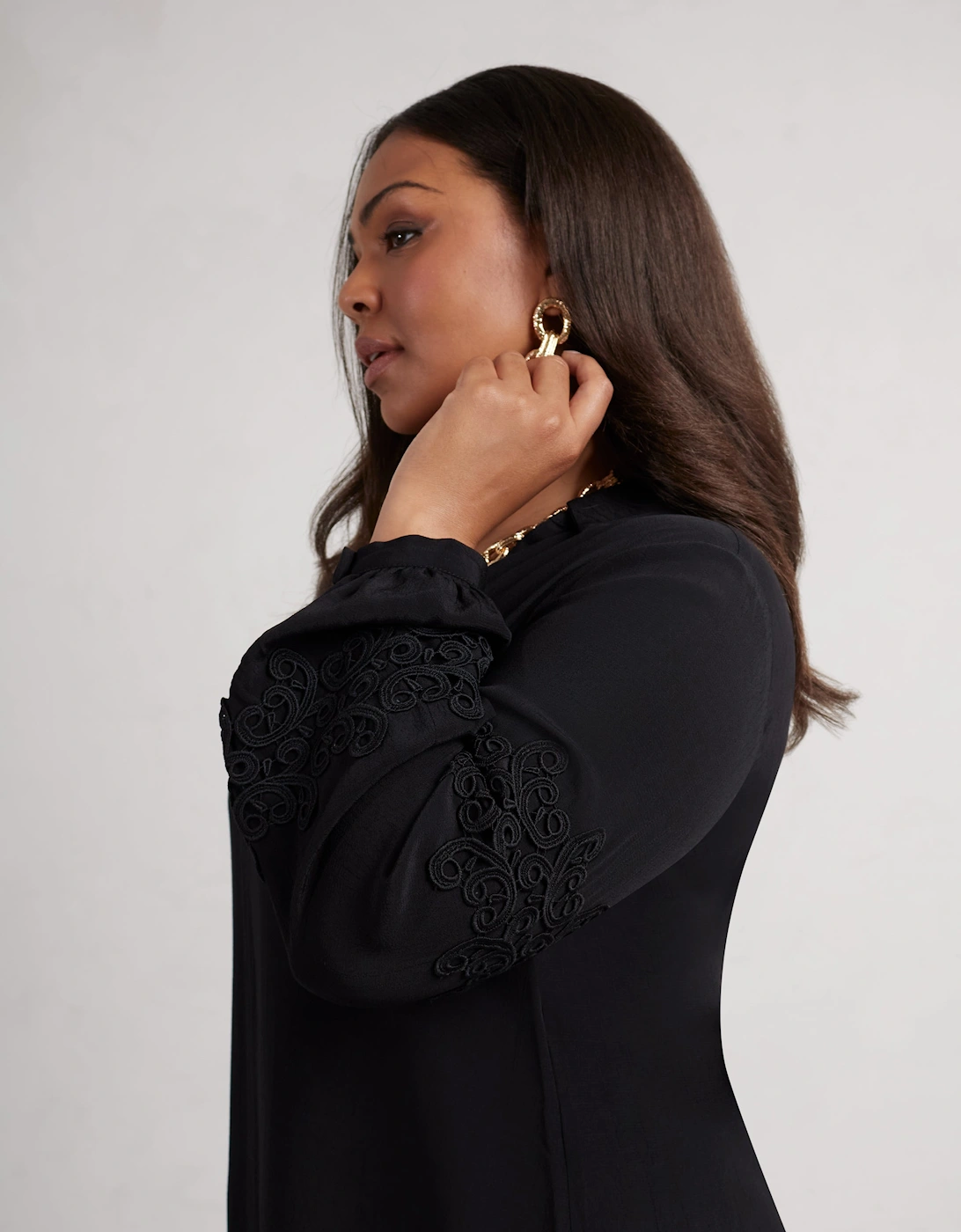 Petite Black Lace Detail Long Sleeve Dress