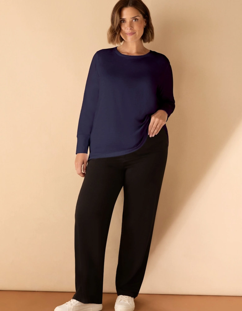 Navy Cotton Slub Crew Neck Long Sleeve T-Shirt
