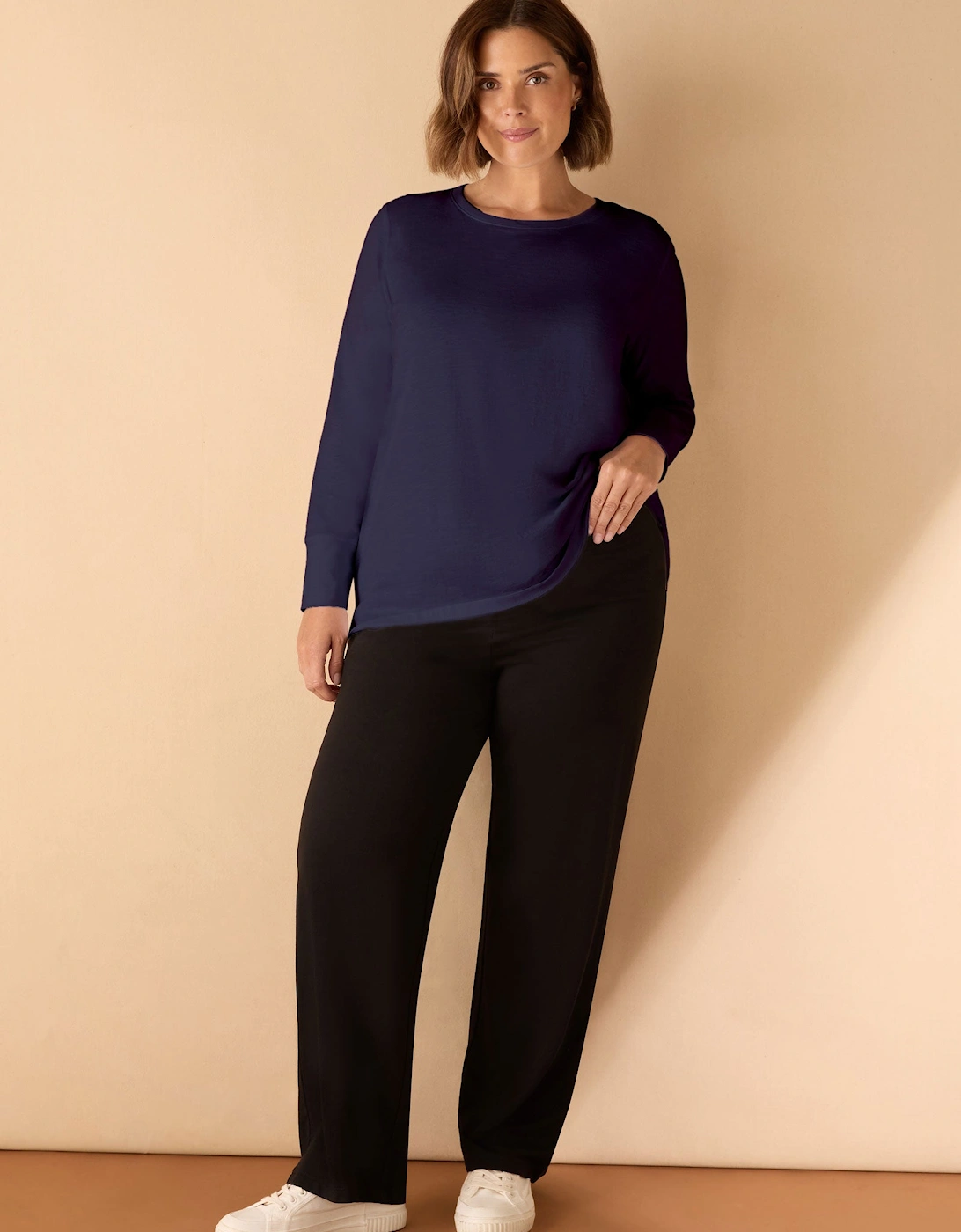 Navy Cotton Slub Crew Neck Long Sleeve T-Shirt