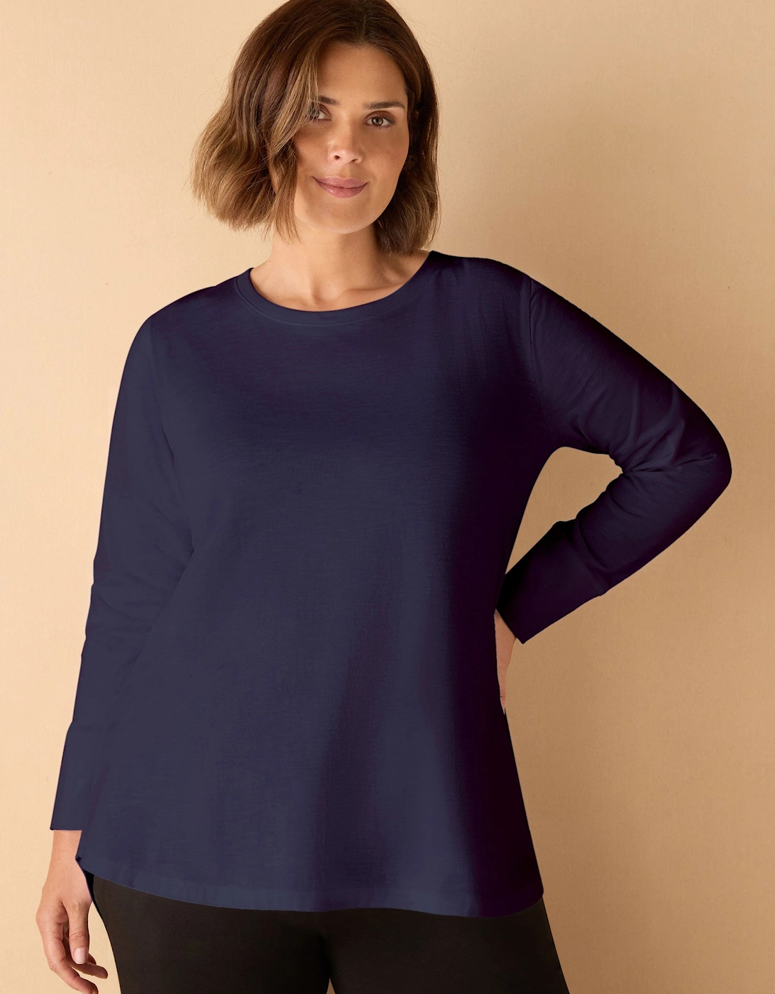 Navy Cotton Slub Crew Neck Long Sleeve T-Shirt