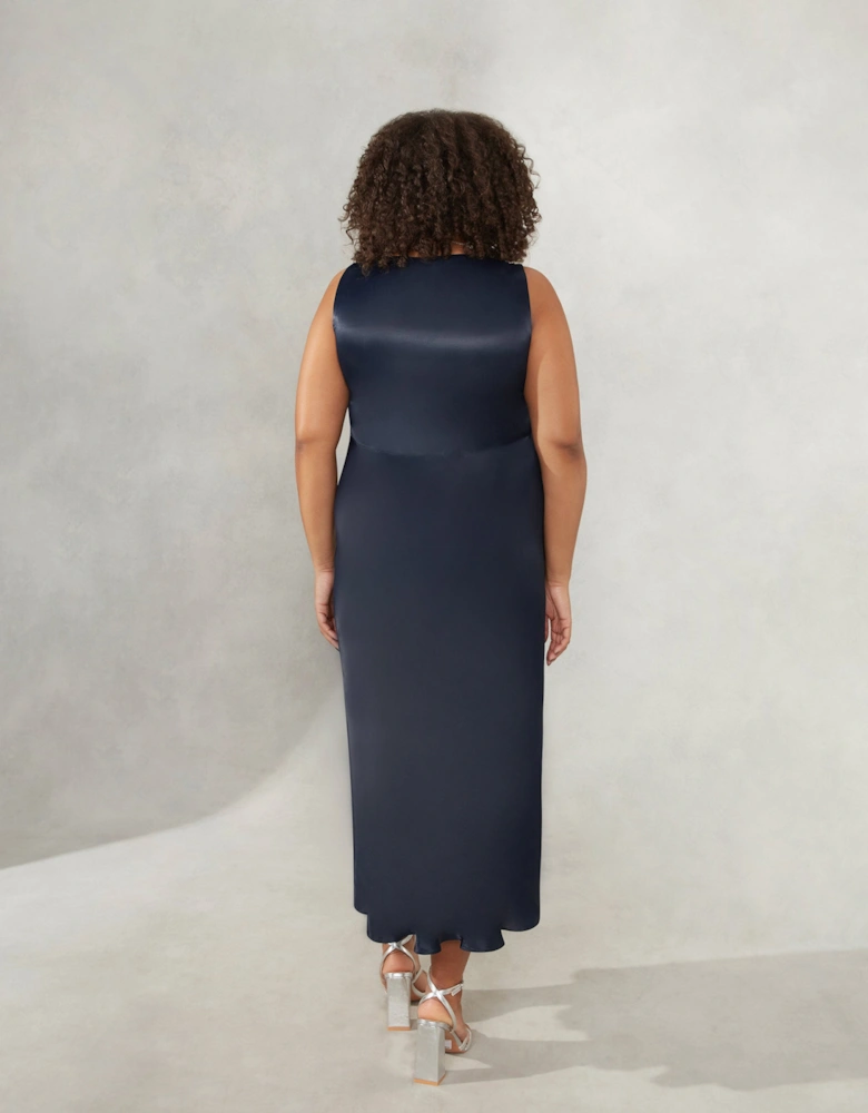 Navy Satin Bias Cut Empire Line Midaxi Dress