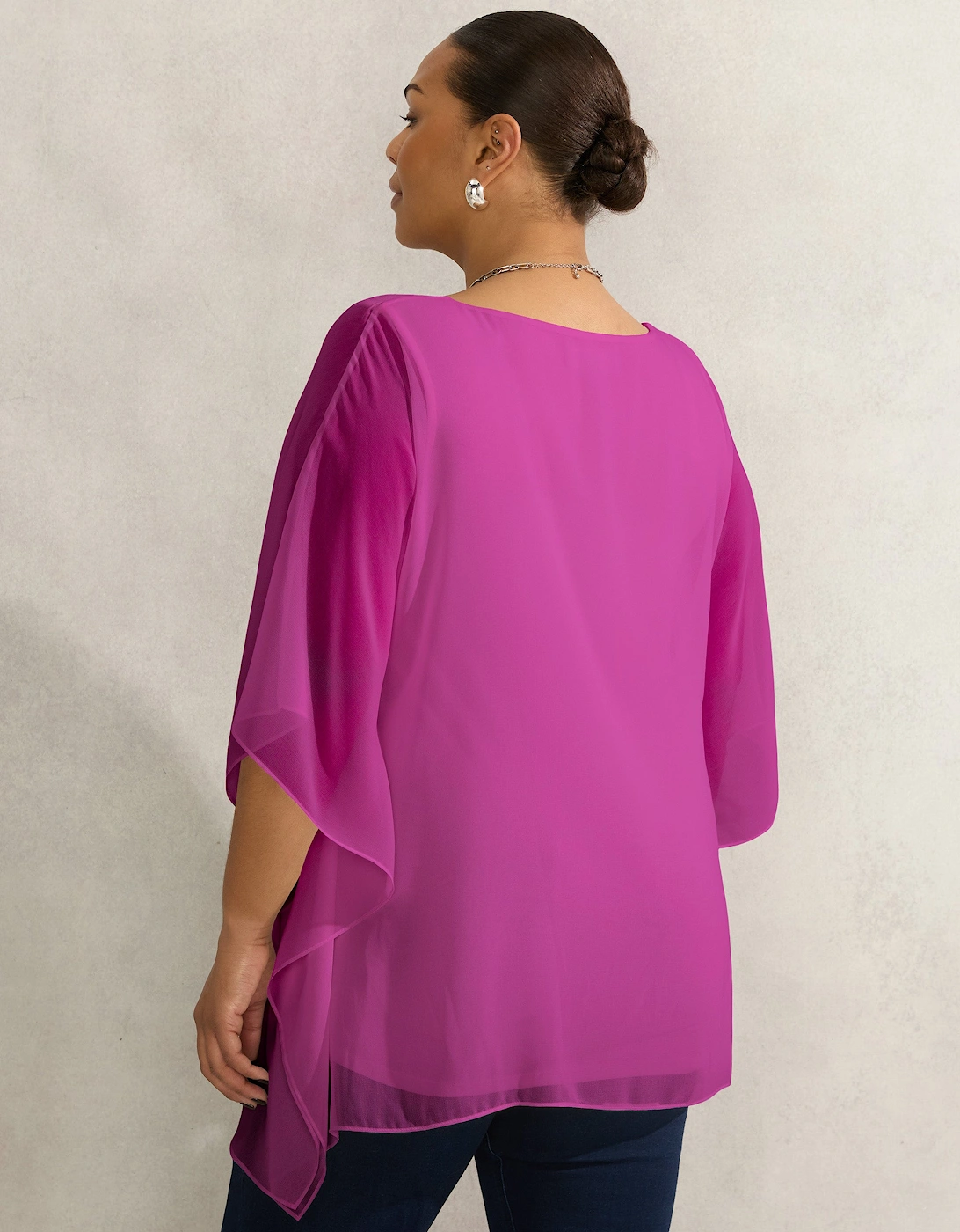Magenta Chiffon V Neck Overlay Top