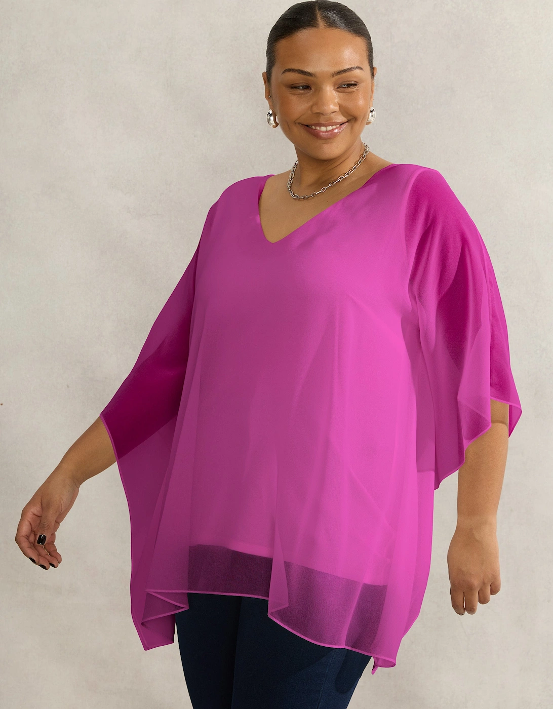 Magenta Chiffon V Neck Overlay Top
