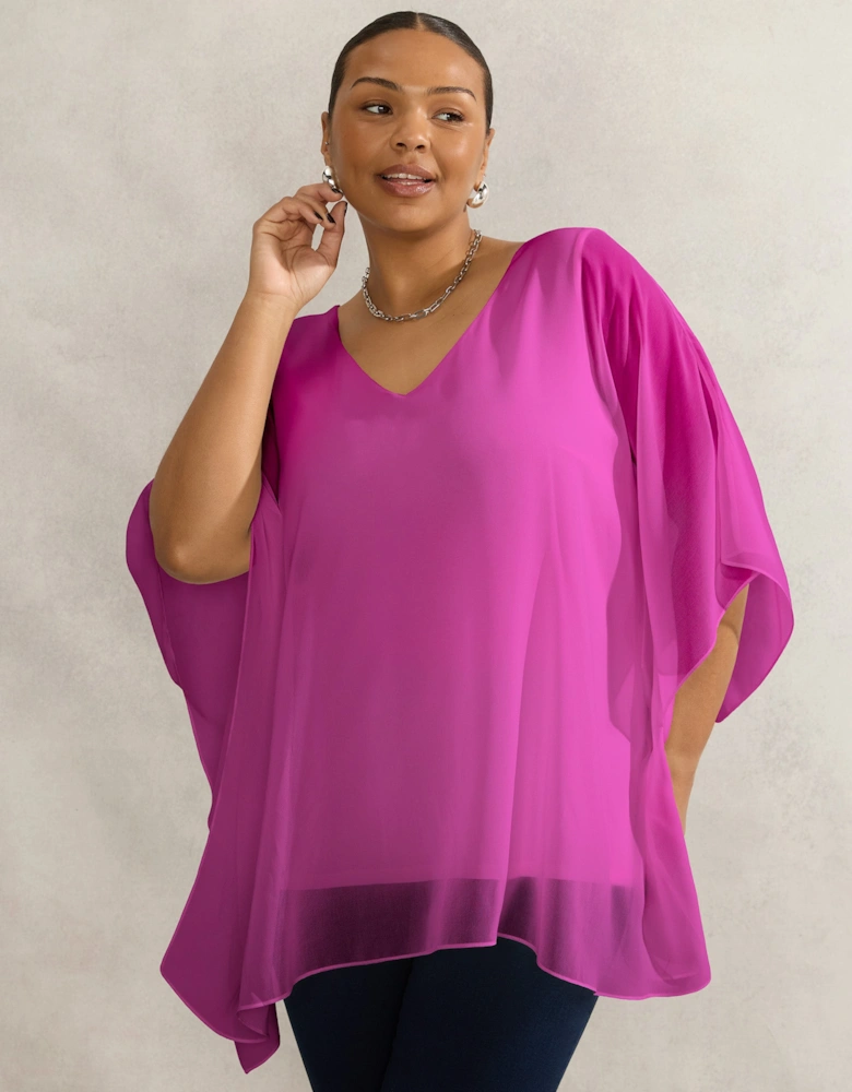 Magenta Chiffon V Neck Overlay Top