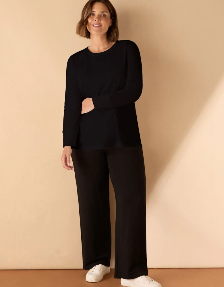 Black Cotton Slub Crew Neck Long Sleeve T-Shirt