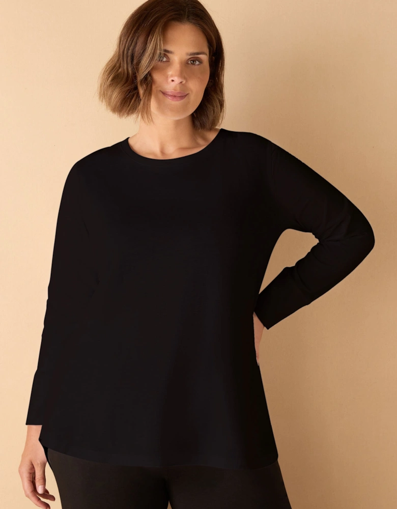 Black Cotton Slub Crew Neck Long Sleeve T-Shirt
