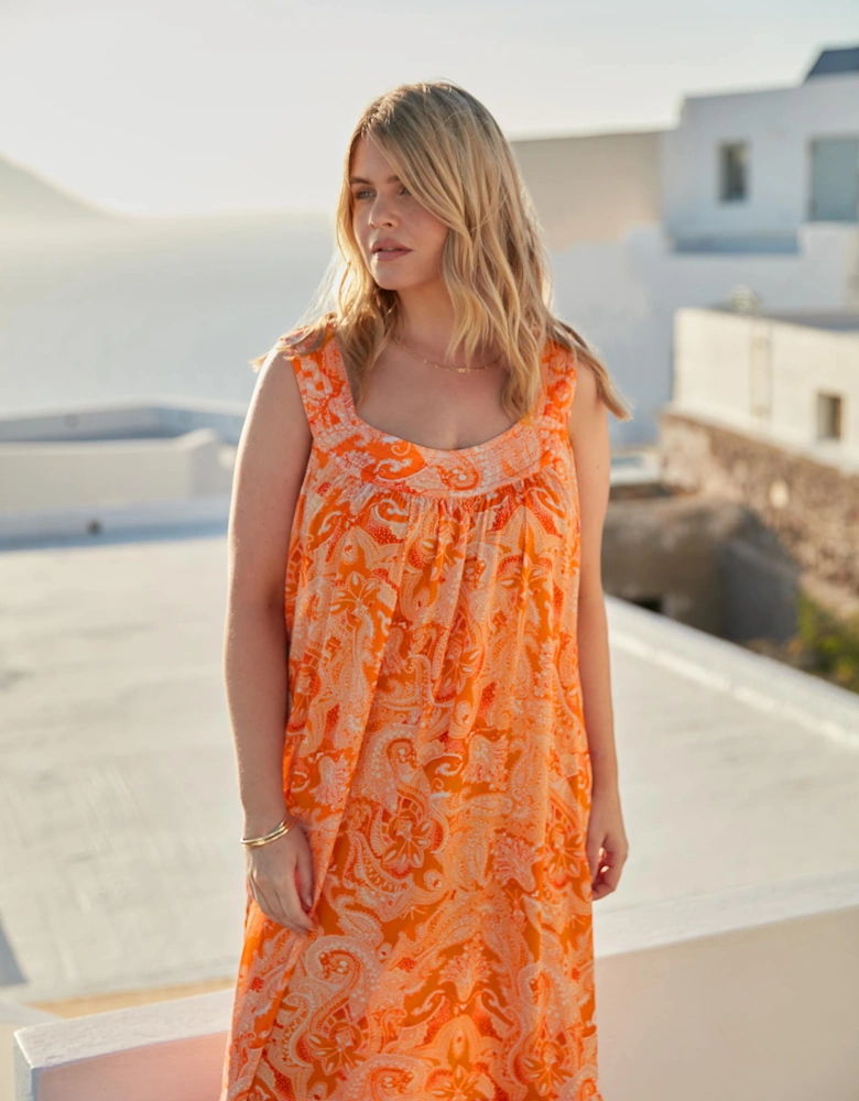 Orange Paisley Tiered Midaxi Dress