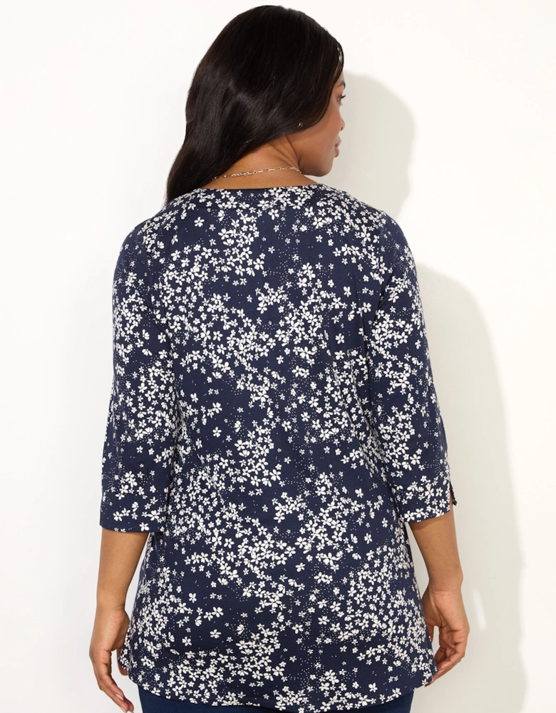 Navy Ditsy Print Split Sleeve Tunic