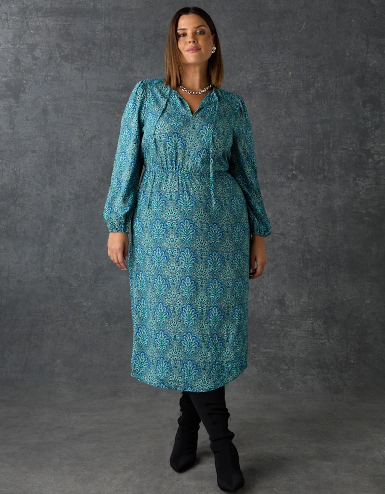Blue Paisley Shirred Detail Midi Dress