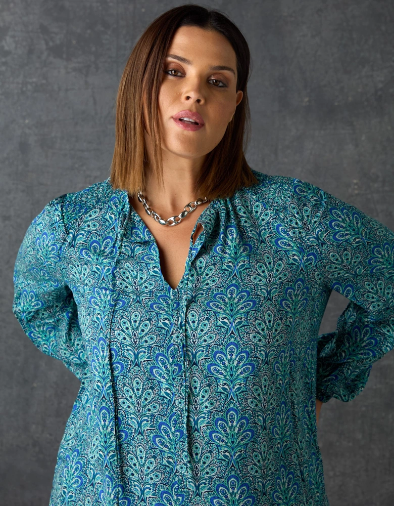 Blue Paisley Shirred Detail Midi Dress