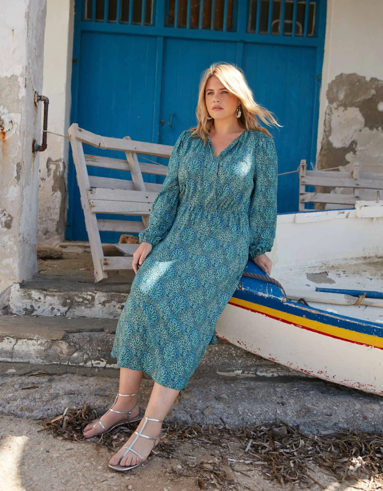 Blue Paisley Shirred Detail Midi Dress