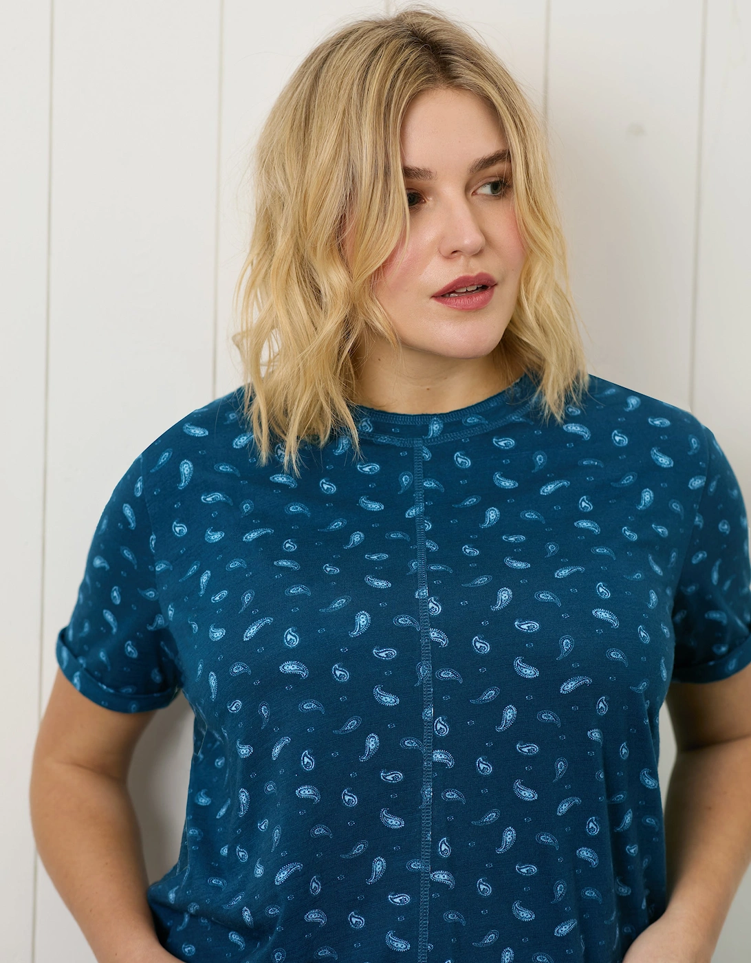 Blue Paisley Cotton Slub Round Neck T-Shirt