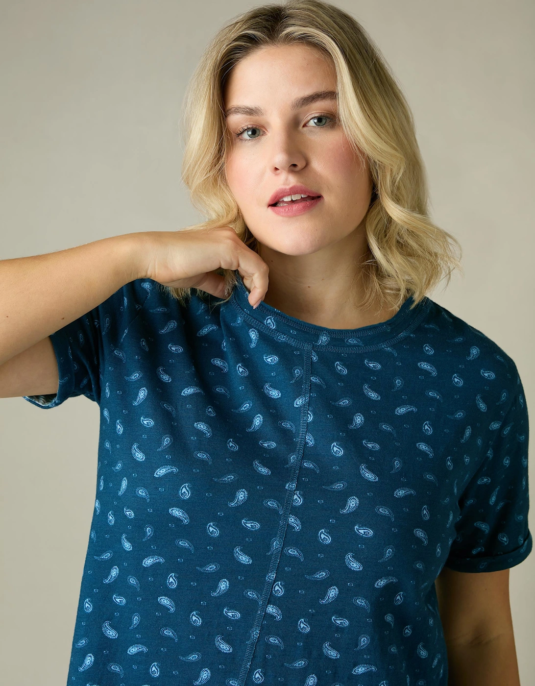 Blue Paisley Cotton Slub Round Neck T-Shirt