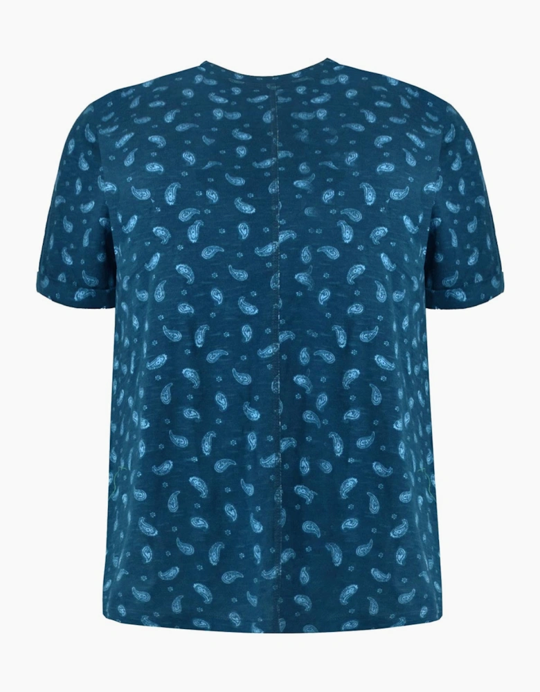 Blue Paisley Cotton Slub Round Neck T-Shirt