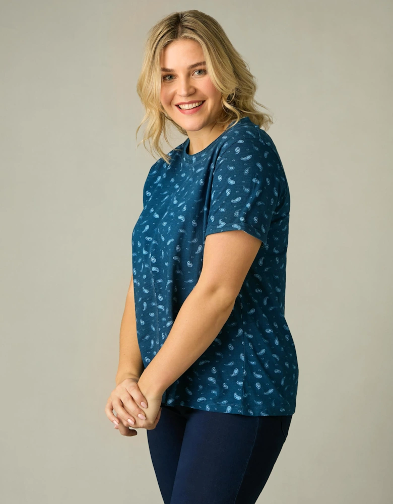 Blue Paisley Cotton Slub Round Neck T-Shirt