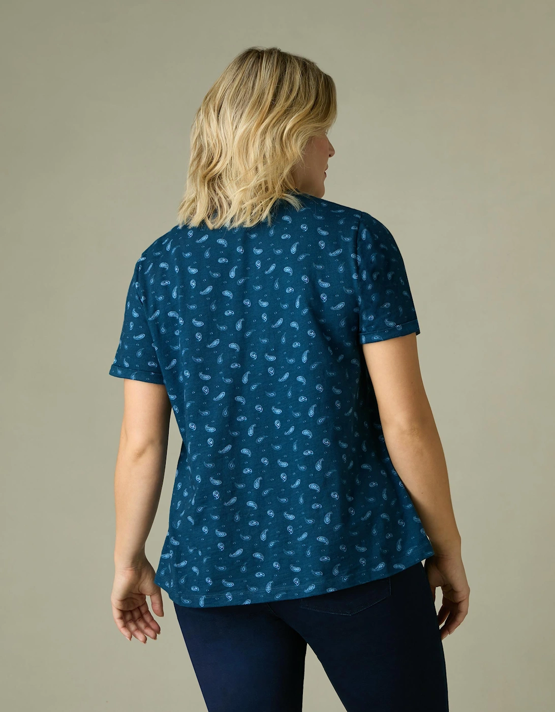 Blue Paisley Cotton Slub Round Neck T-Shirt