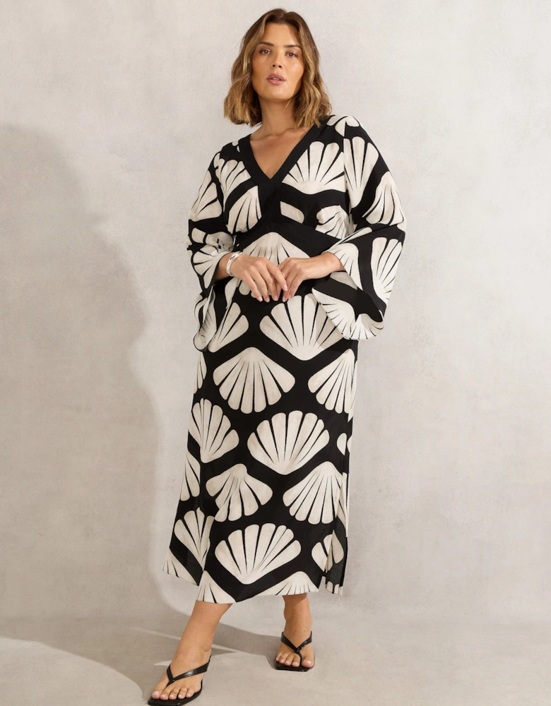 Petite Black Shell Print Flared Sleeve Midaxi Dress