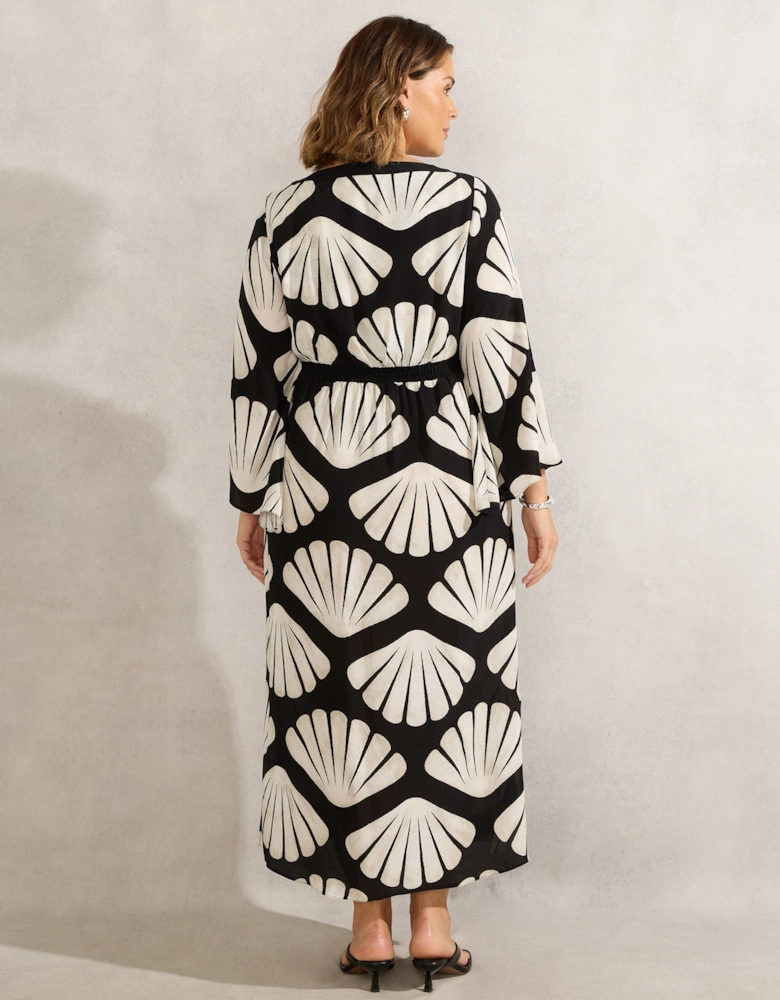 Petite Black Shell Print Flared Sleeve Midaxi Dress