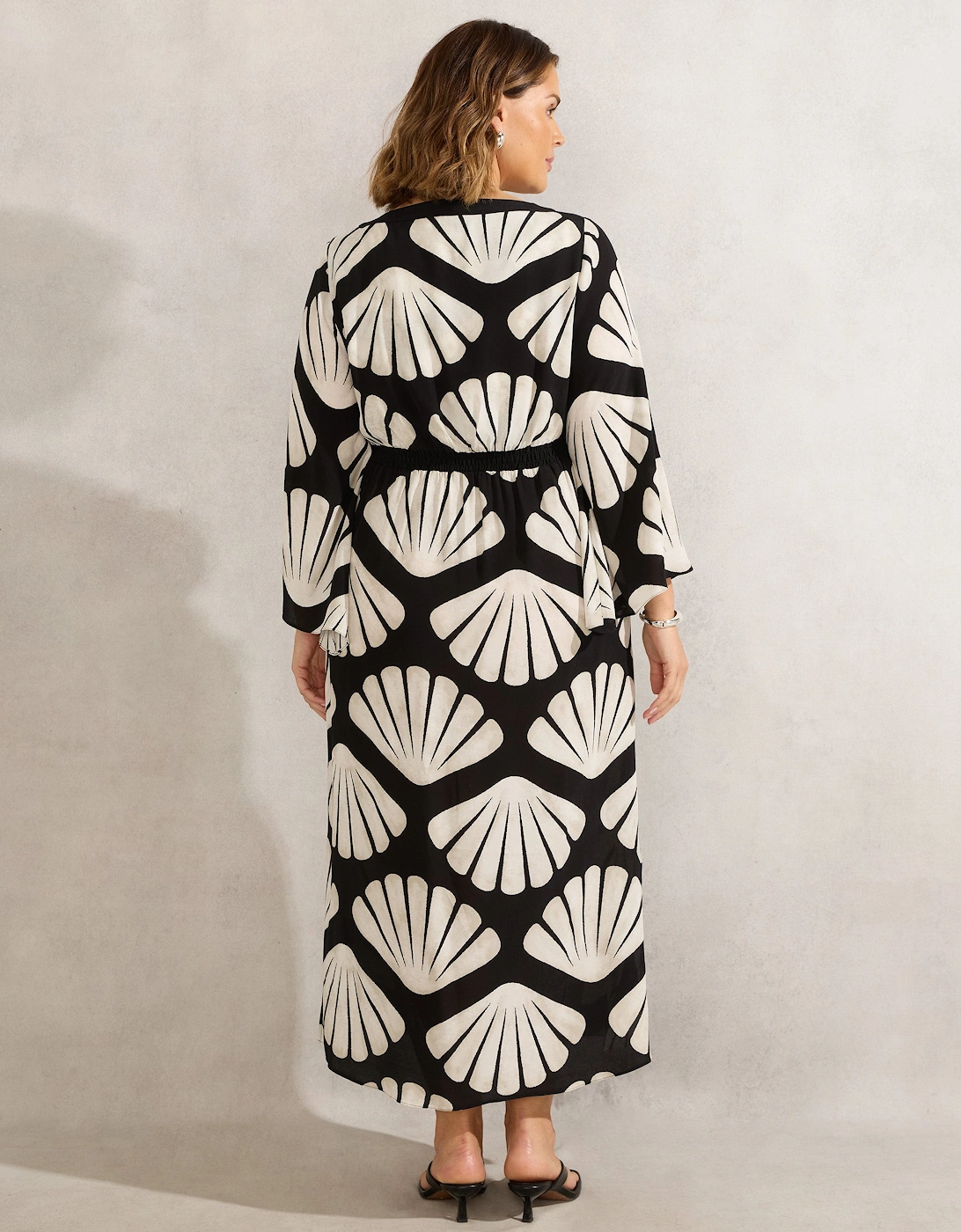 Petite Black Shell Print Flared Sleeve Midaxi Dress