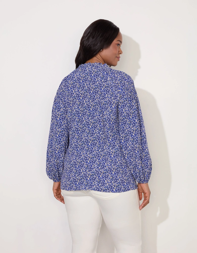 Blue Ditsy Shirred Raglan Sleeve Blouse