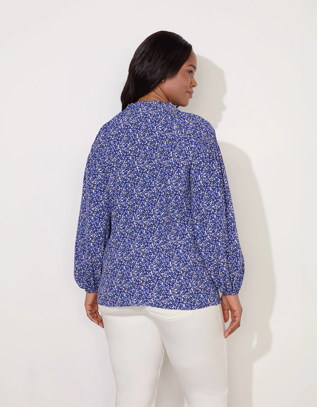 Blue Ditsy Shirred Raglan Sleeve Blouse
