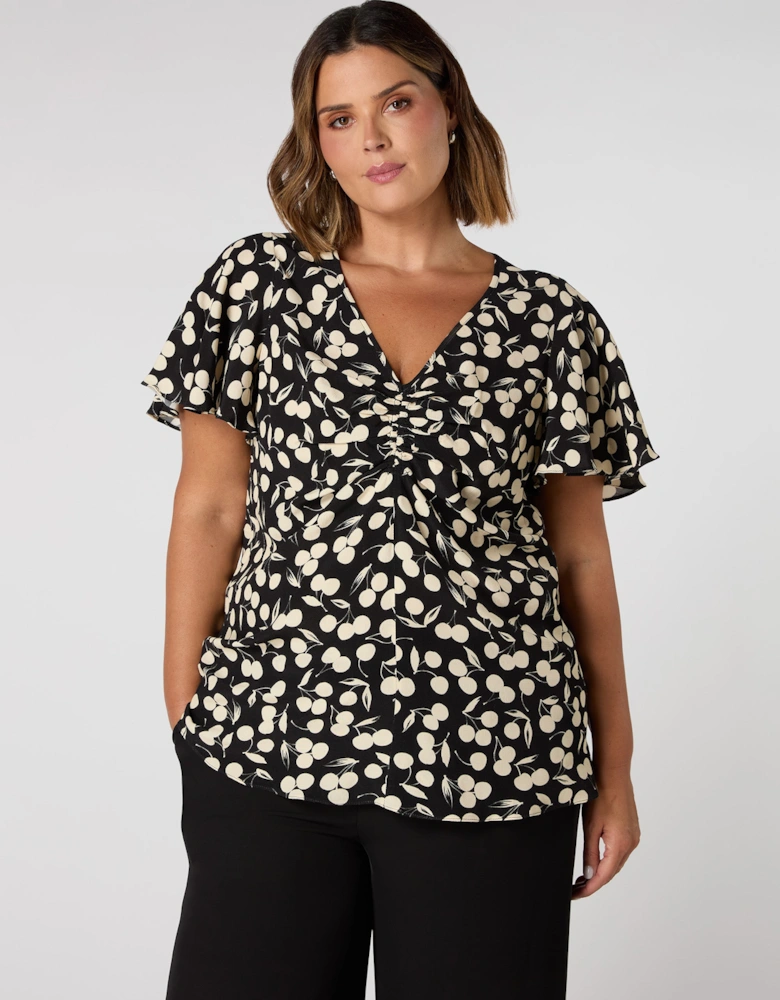 Cherry Print Ruched Flutter Sleeve Top