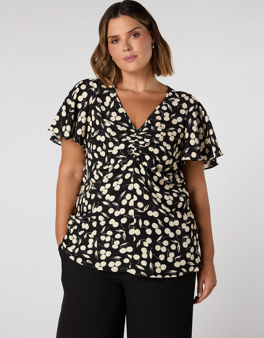 Cherry Print Ruched Flutter Sleeve Top, 4 of 3