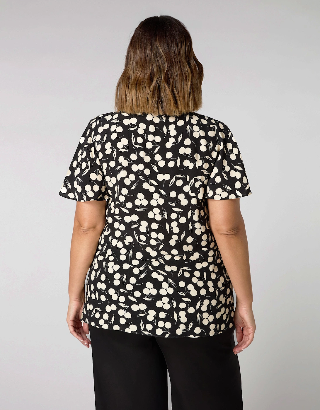 Cherry Print Ruched Flutter Sleeve Top