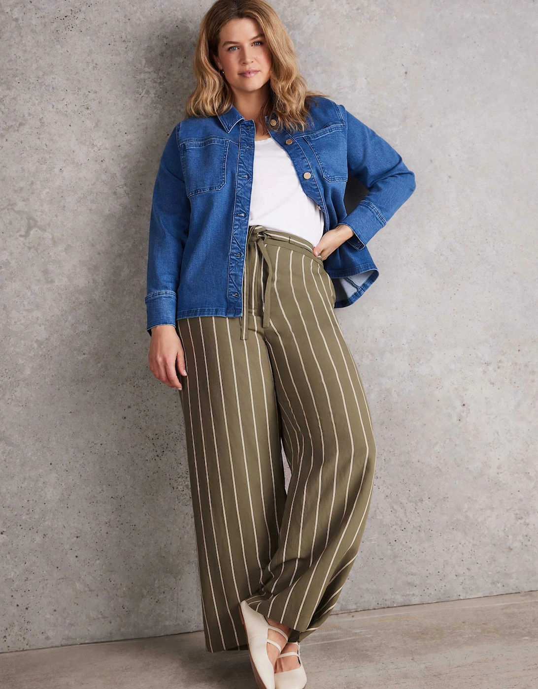 Petite Khaki Striped Wide Leg Belted Trouser