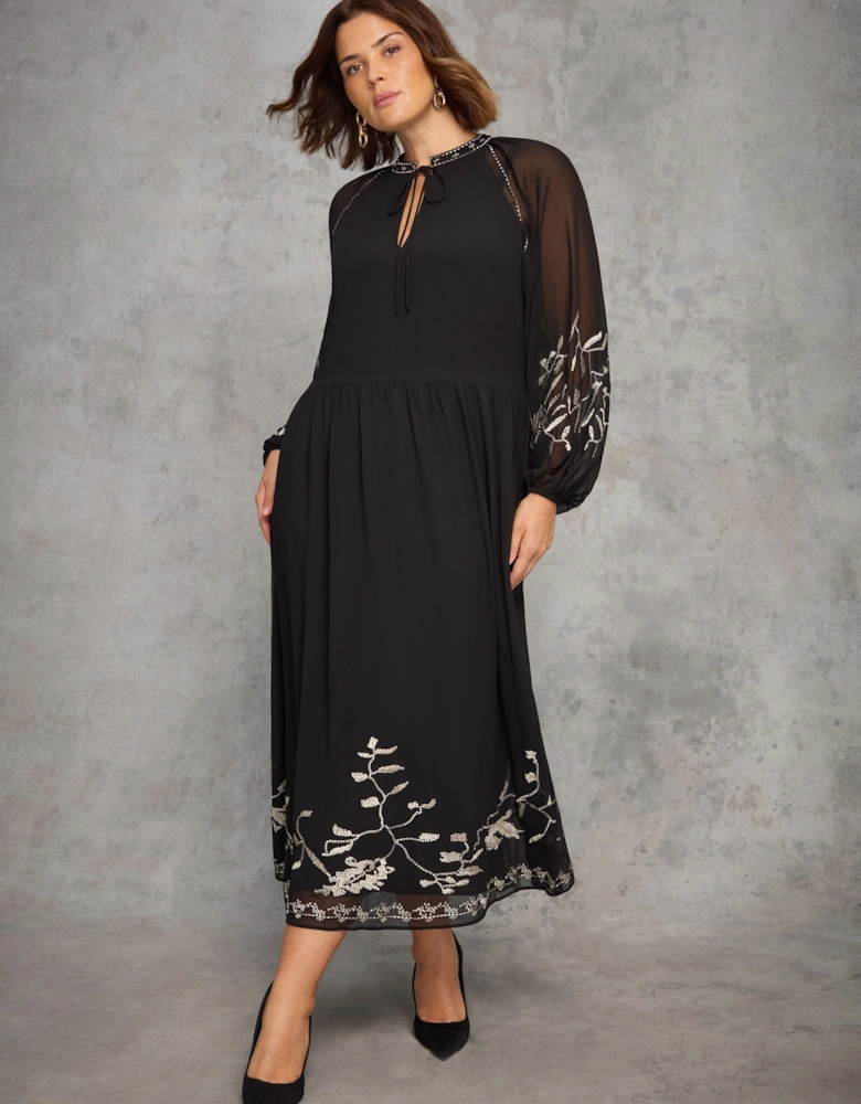 Black Midaxi Dress With Gold Embellishment