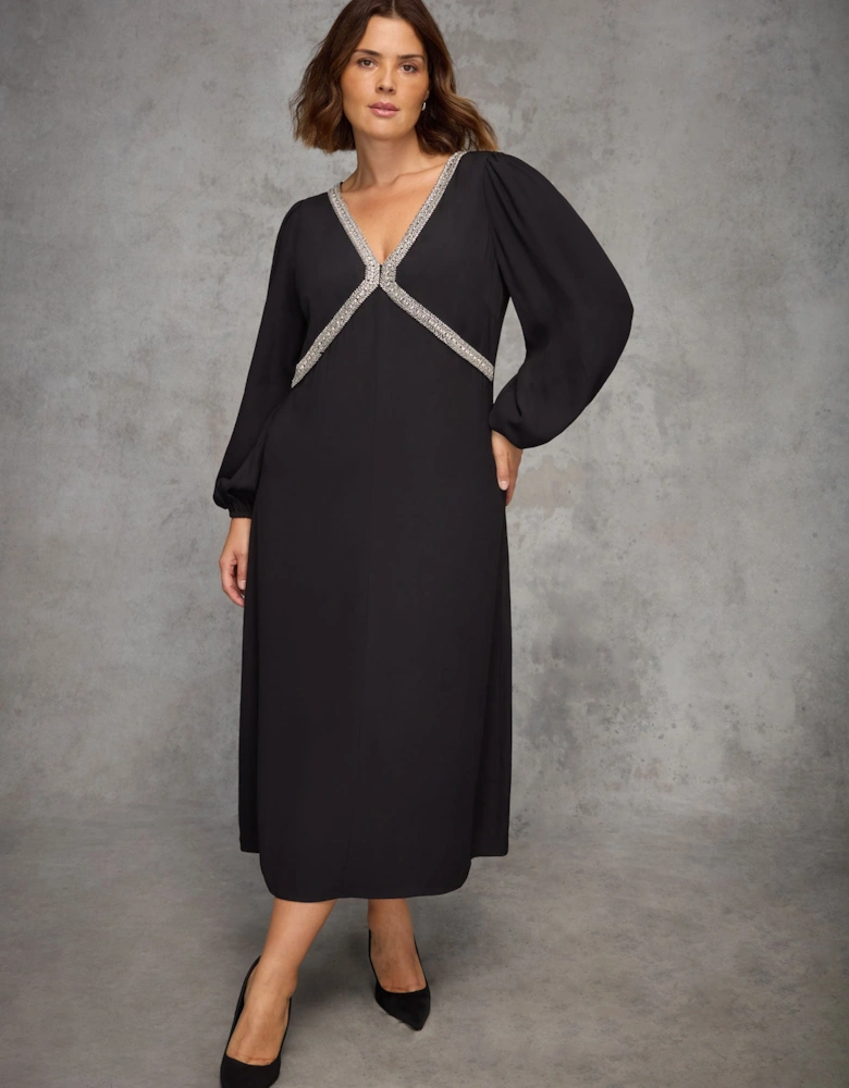 Black Embellished Trim Midaxi Dress