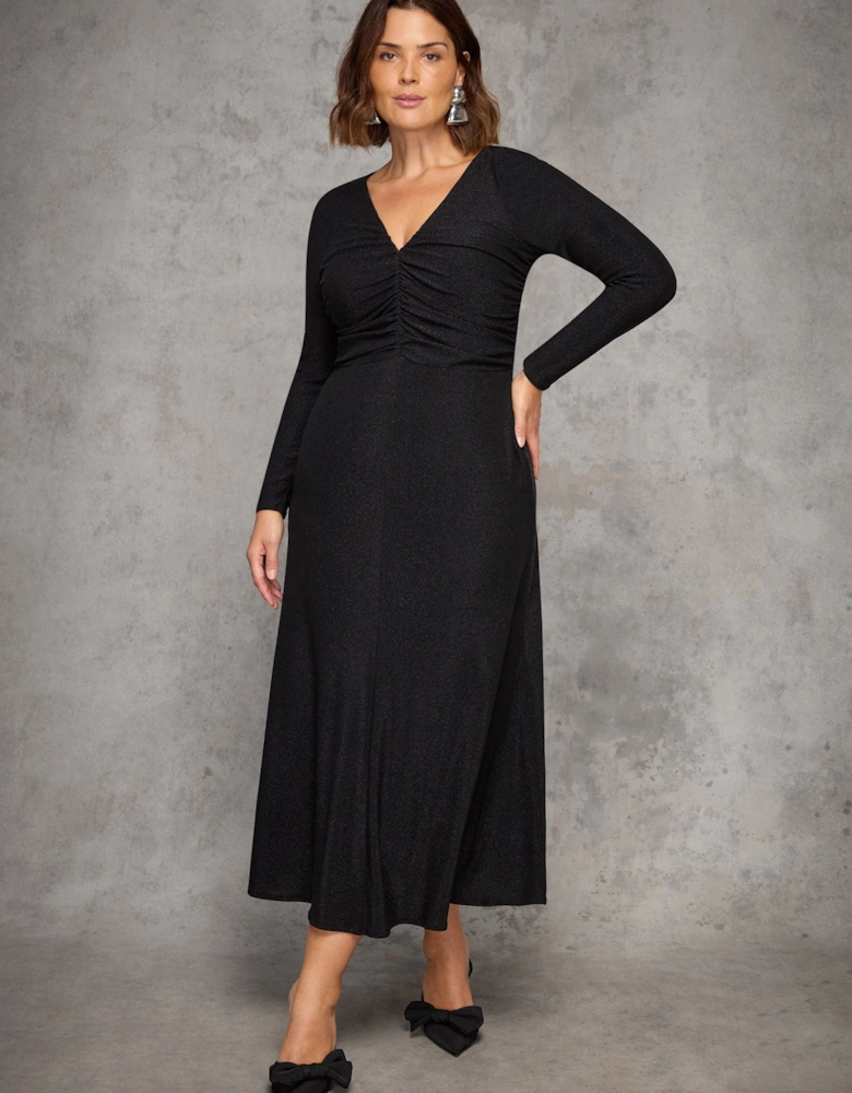 Petite Black Sparkle Ruched Jersey Maxi Dress