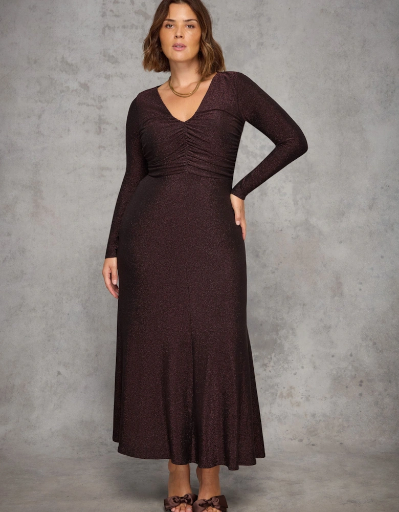 Bronze Sparkle Ruched Jersey Maxi Dress