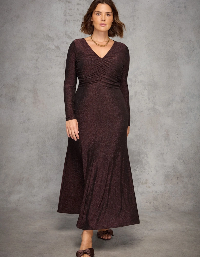Bronze Sparkle Ruched Jersey Maxi Dress