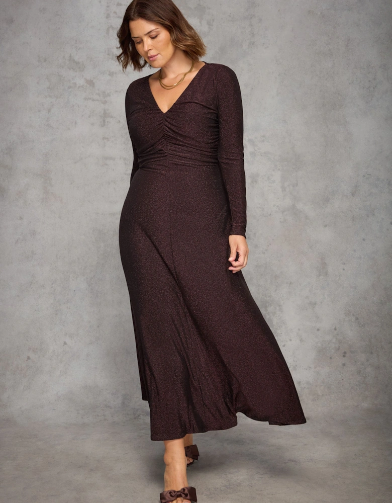 Bronze Sparkle Ruched Jersey Maxi Dress
