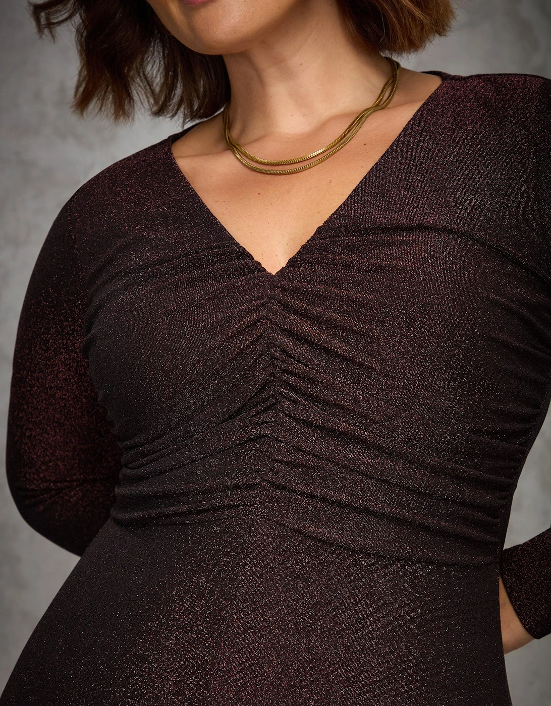 Bronze Sparkle Ruched Jersey Maxi Dress