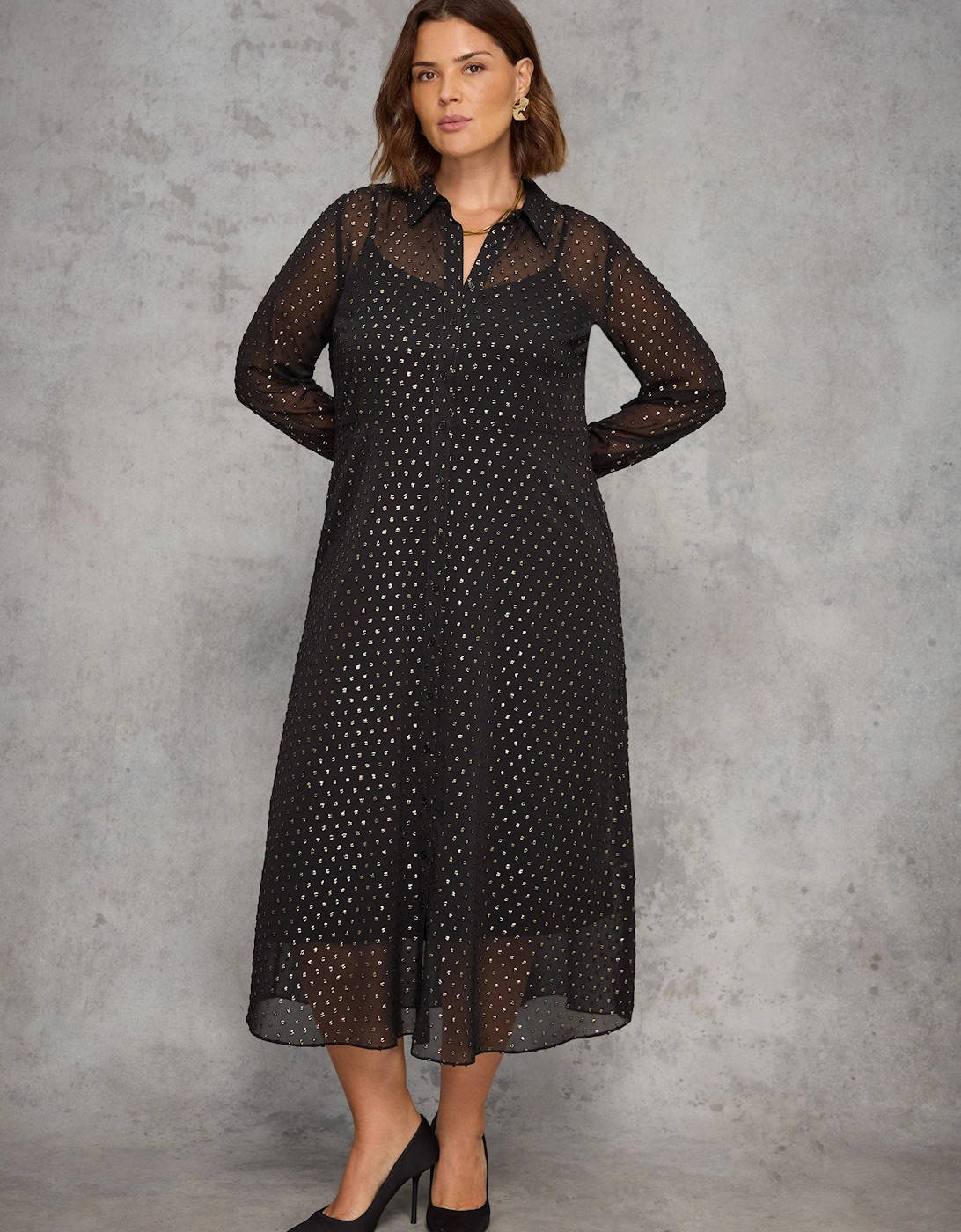Black Metallic Spot Button Through Midaxi Dress