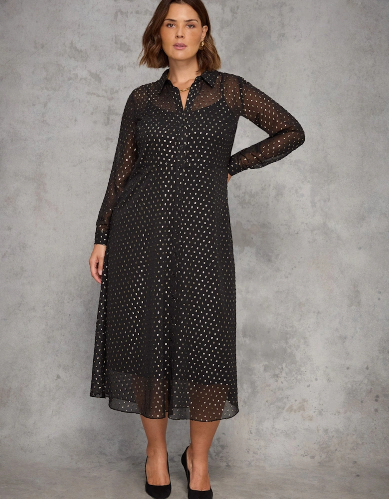 Black Metallic Spot Button Through Midaxi Dress