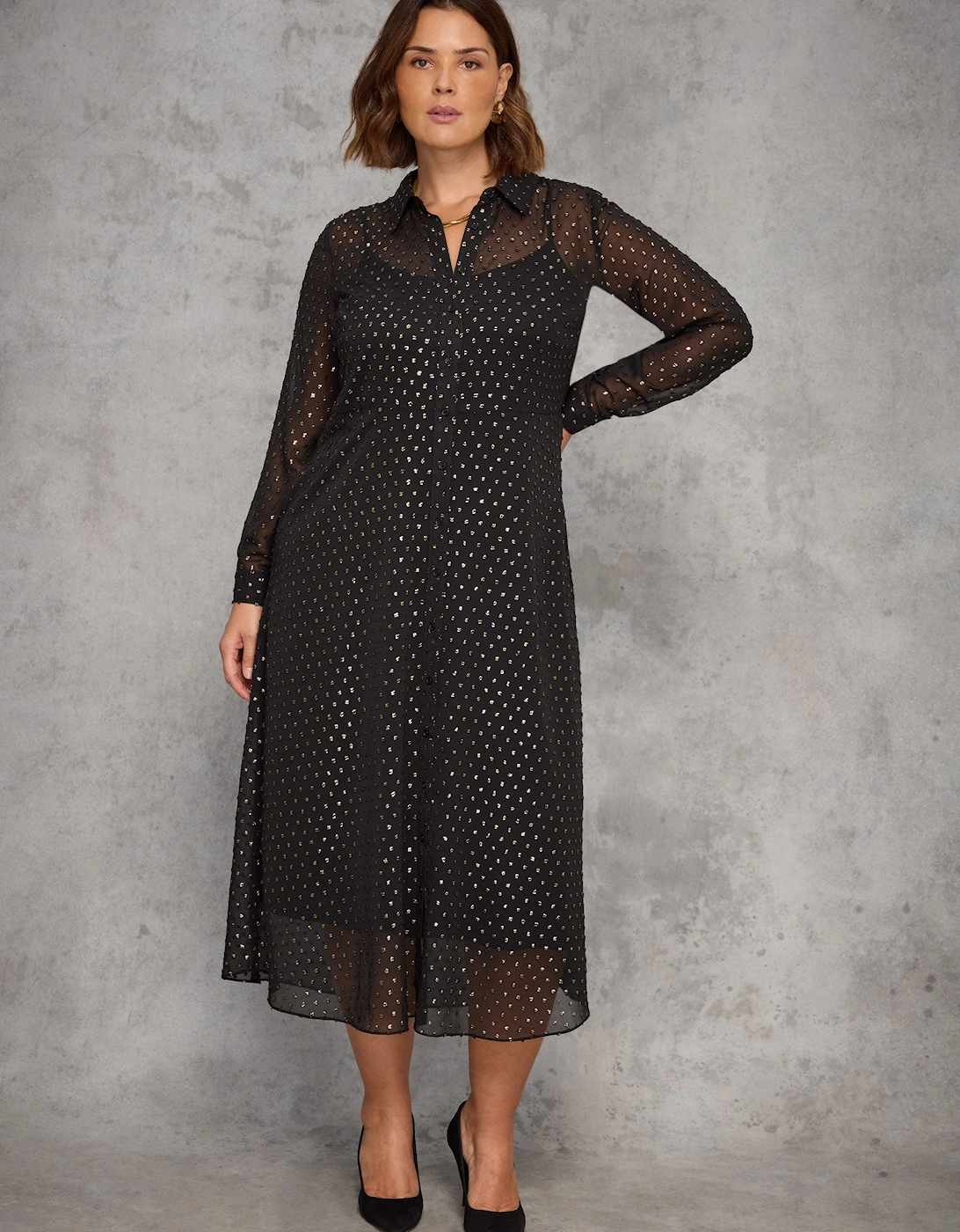 Black Metallic Spot Button Through Midaxi Dress