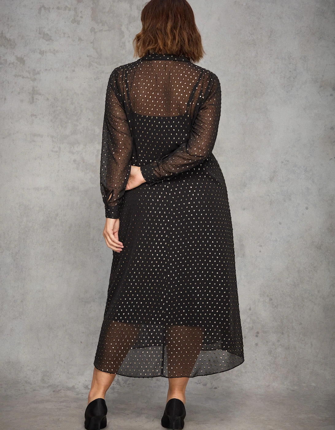Black Metallic Spot Button Through Midaxi Dress