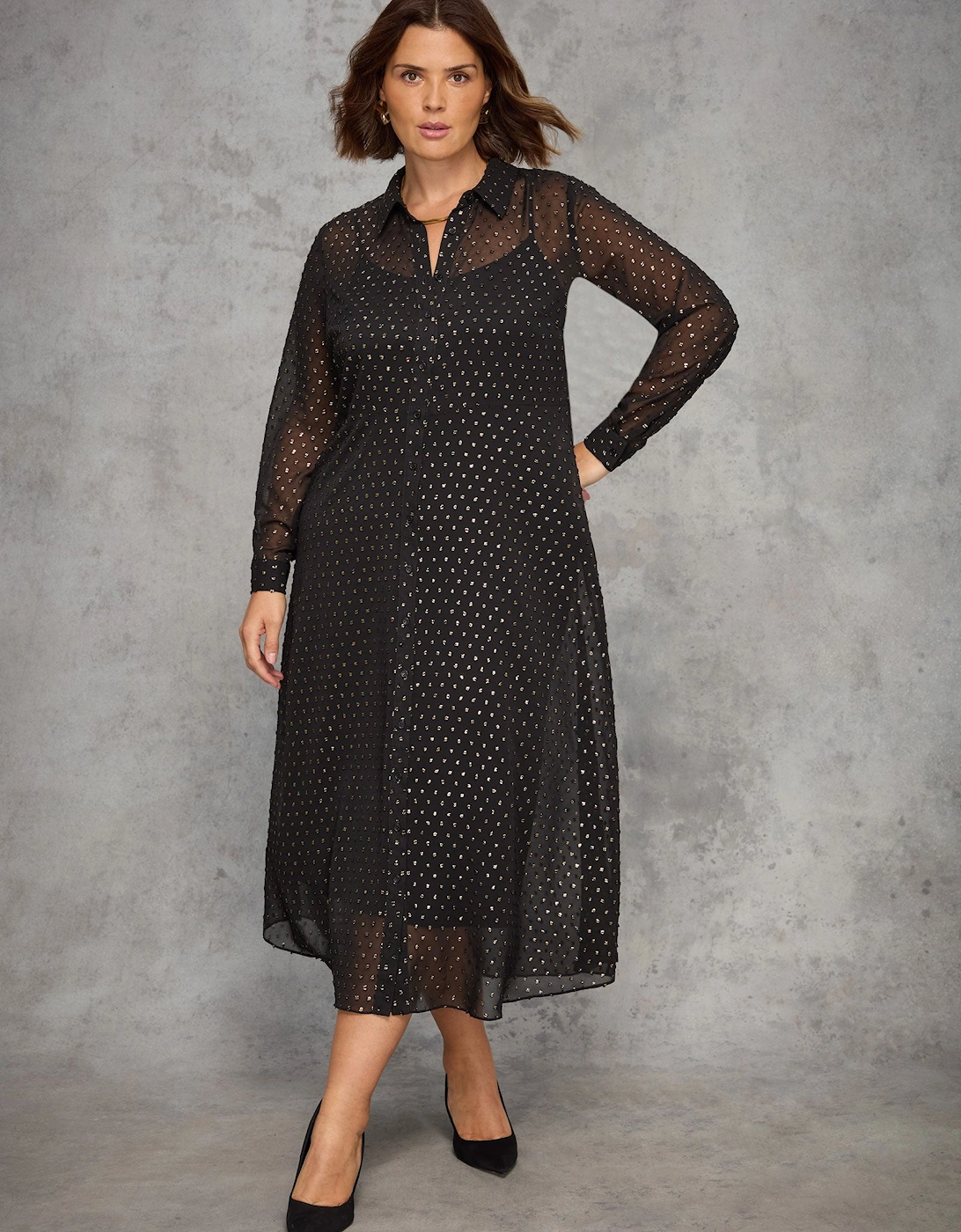Black Metallic Spot Button Through Midaxi Dress