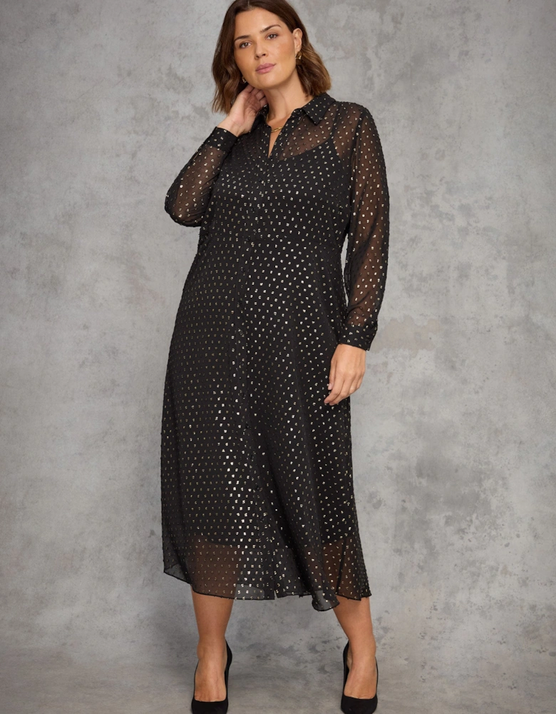 Black Metallic Spot Button Through Midaxi Dress